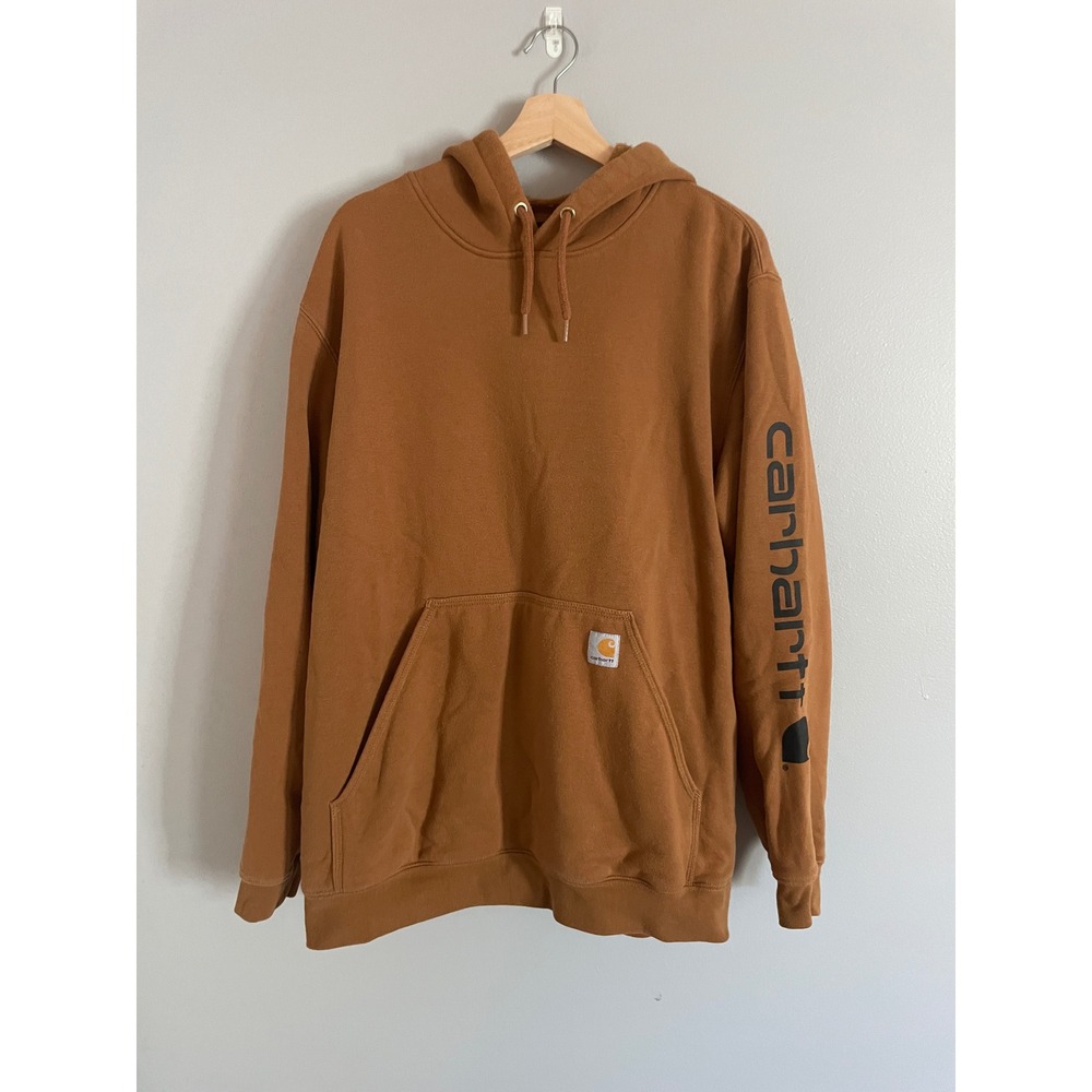 Carhartt Hoodie Mens Large Brown Loose Fit Logo Sleeve Graphic K288 Workwear